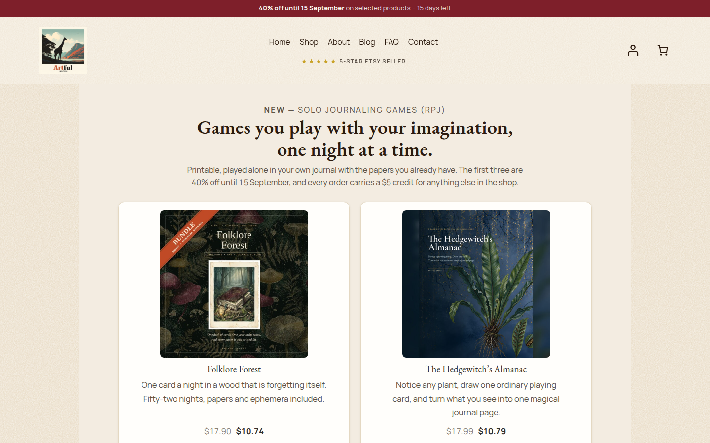 Artful Safari WooCommerce storefront showing its solo journaling games